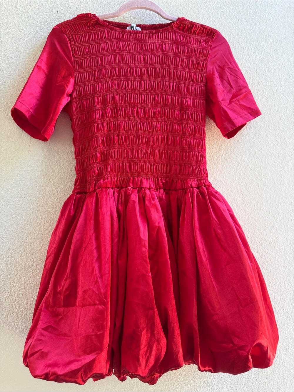 Girls Red Smocked Bubble-Hem Party Dress